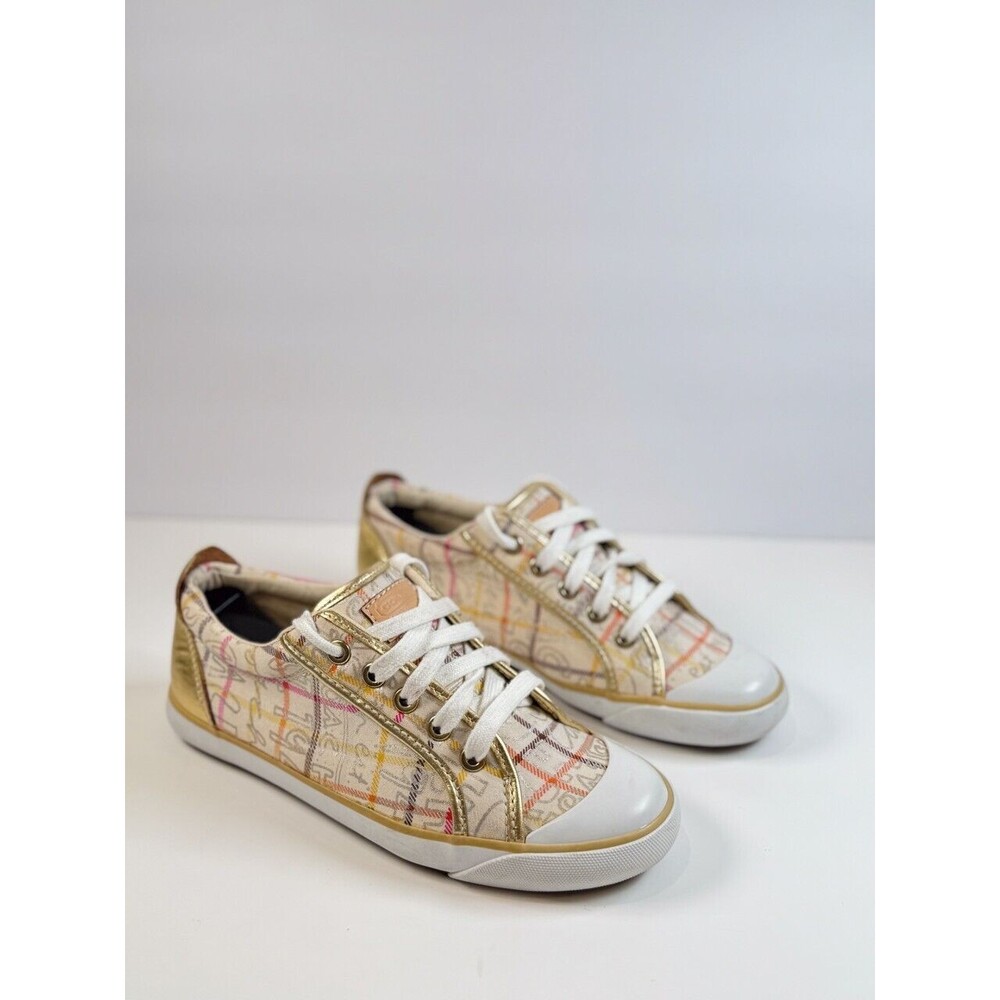 Coach Beige and Gold Plaid Sneakers